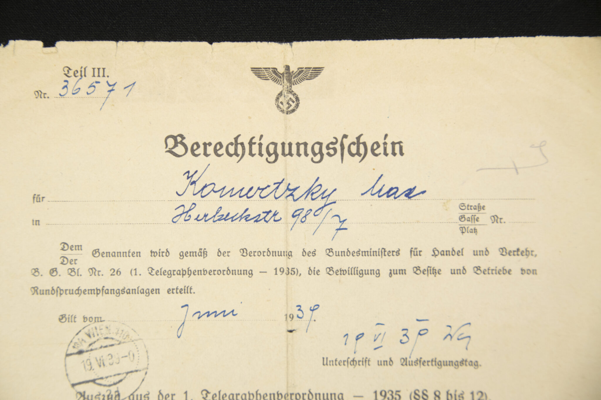 (Document) NSDAP Berechtigungsschein Rundfunkempfangsanlagen (1939)