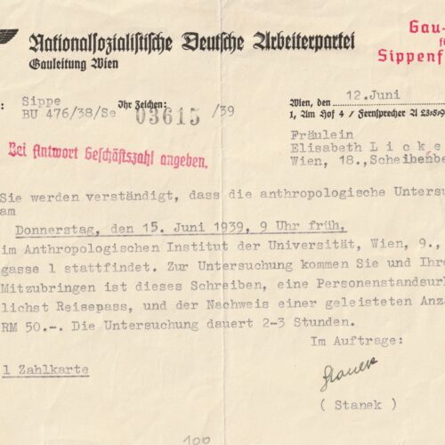 (Document) NSDAP Gauleitung Wien - Anthropologische Untersuchung (1939)