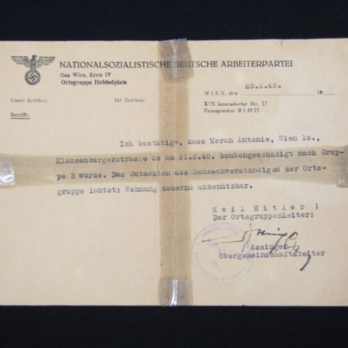 (Document) Nationalsozialistische Arbeiter Partei (NSDAP) Bombengeschädigt (1945)