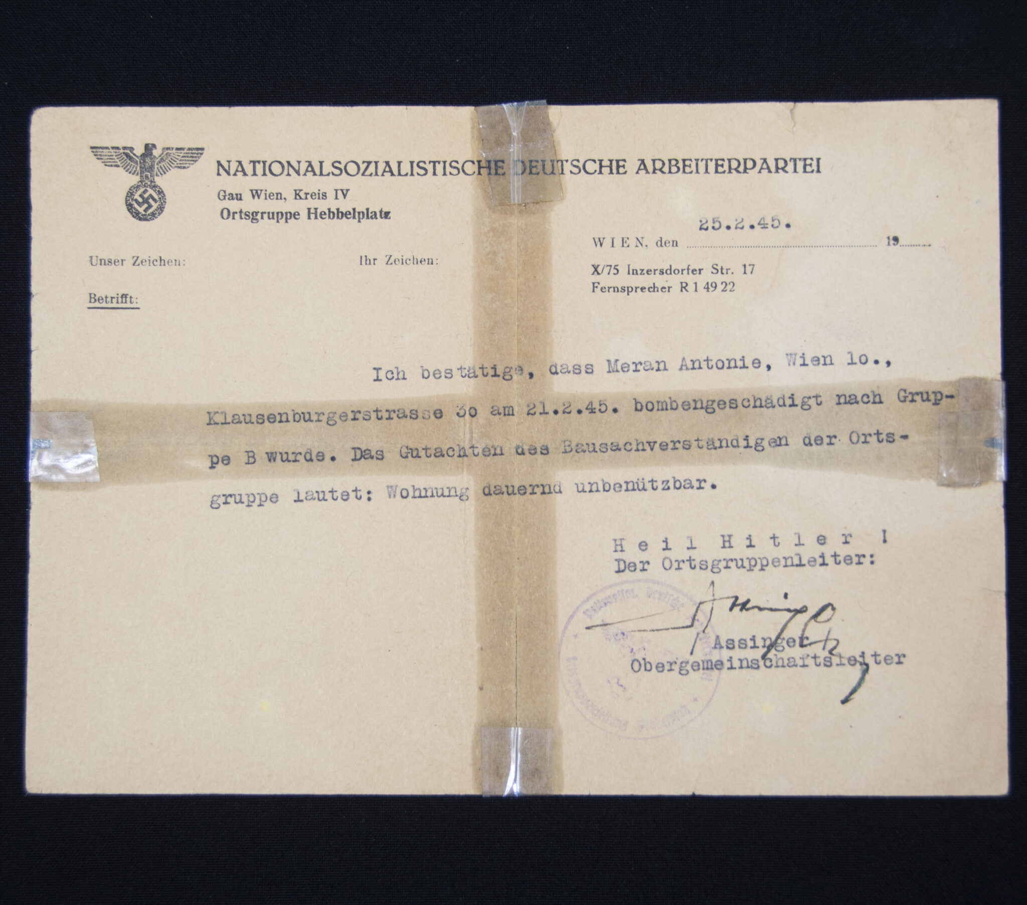 (Document) Nationalsozialistische Arbeiter Partei (NSDAP) Bombengeschädigt (1945)
