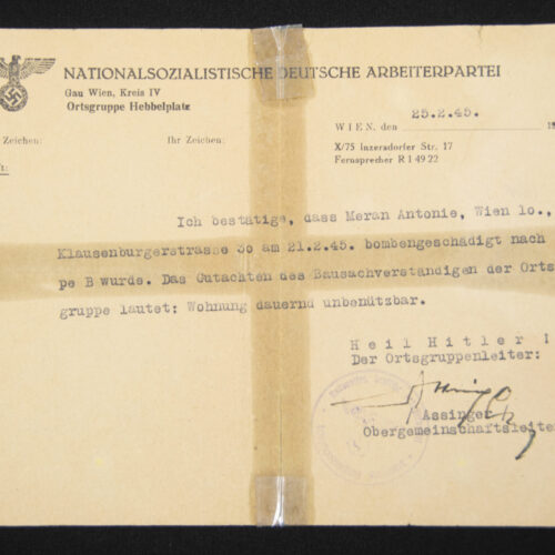 (Document) Nationalsozialistische Arbeiter Partei (NSDAP) Bombengeschädigt (1945)