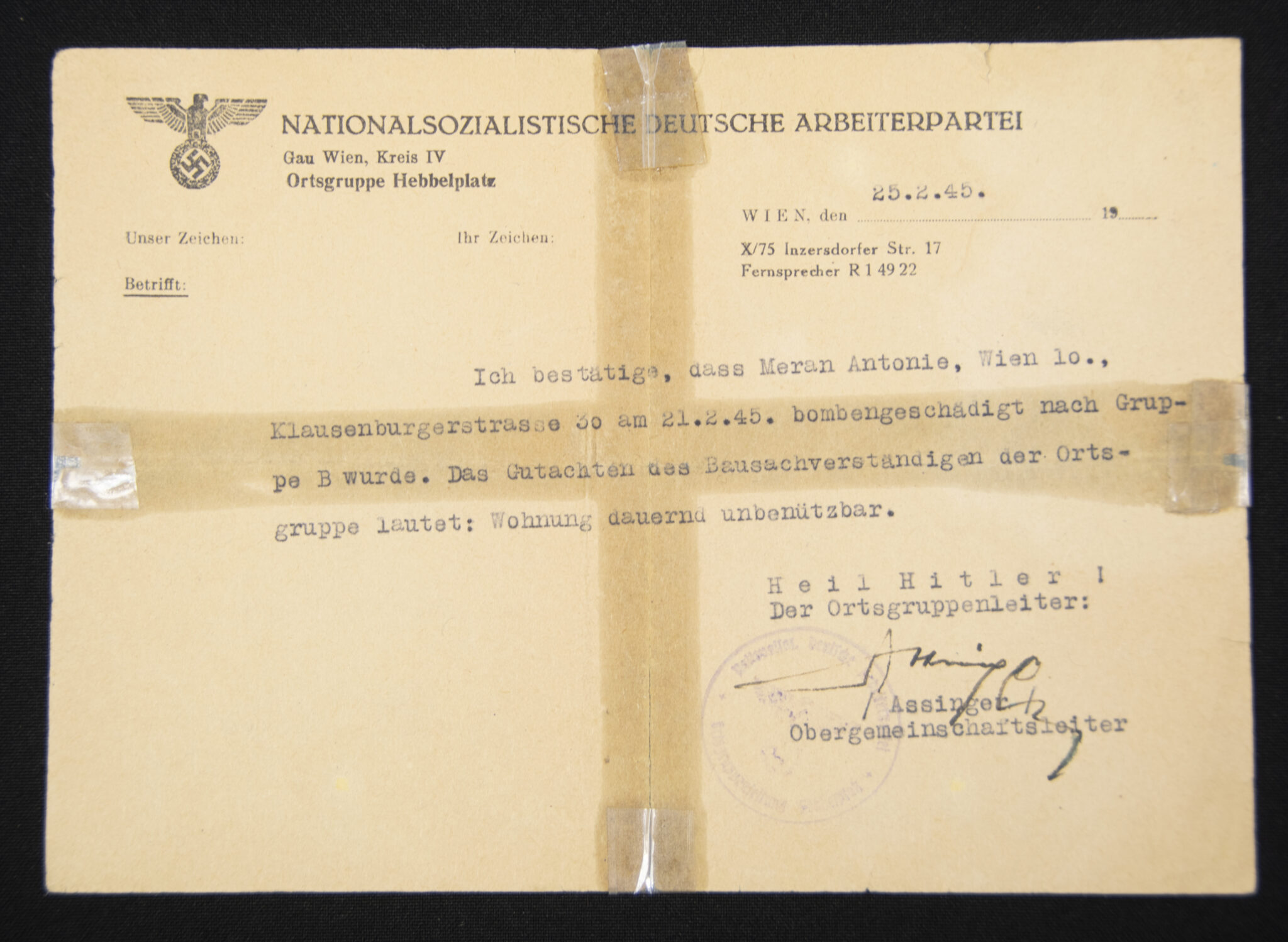 (Document) Nationalsozialistische Arbeiter Partei (NSDAP) Bombengeschädigt (1945)
