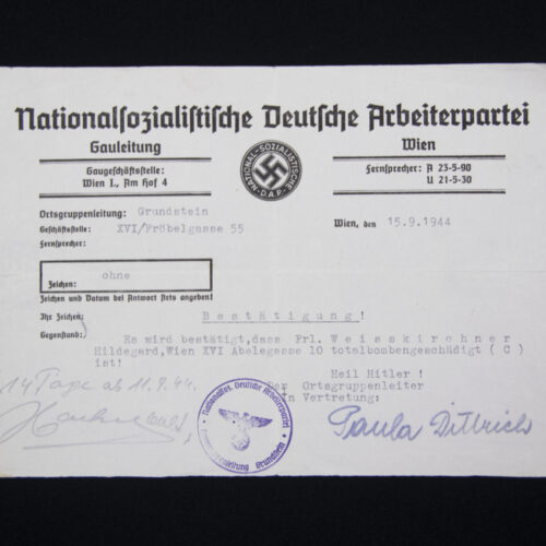 (Document) Nationalsozialistische Deutsche Arbeiterpartei (NSDAP) Bestätigung Totalbombenbeschädigt! (1944)