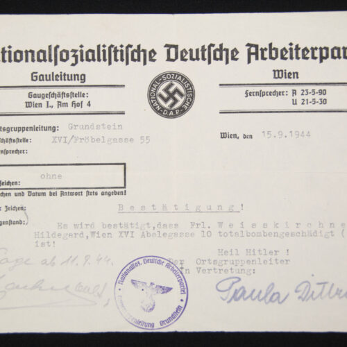 (Document) Nationalsozialistische Deutsche Arbeiterpartei (NSDAP) Bestätigung Totalbombenbeschädigt! (1944)