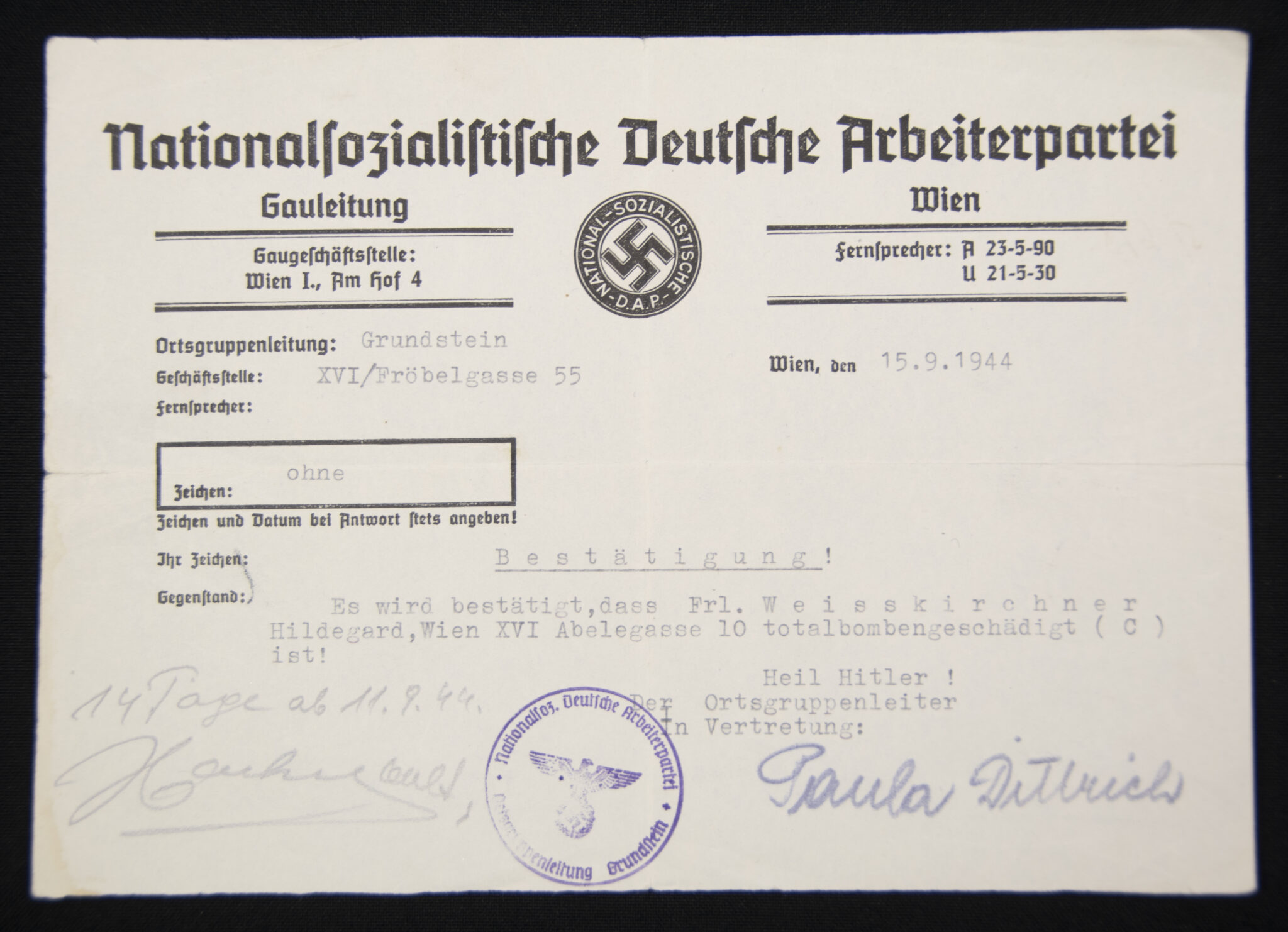 (Document) Nationalsozialistische Deutsche Arbeiterpartei (NSDAP) Bestätigung Totalbombenbeschädigt! (1944)