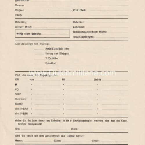 Fragebogen für die Einstellung in die SS-VerfügungstruppeFragebogen für die Einstellung in die SS-Verfügungstruppe