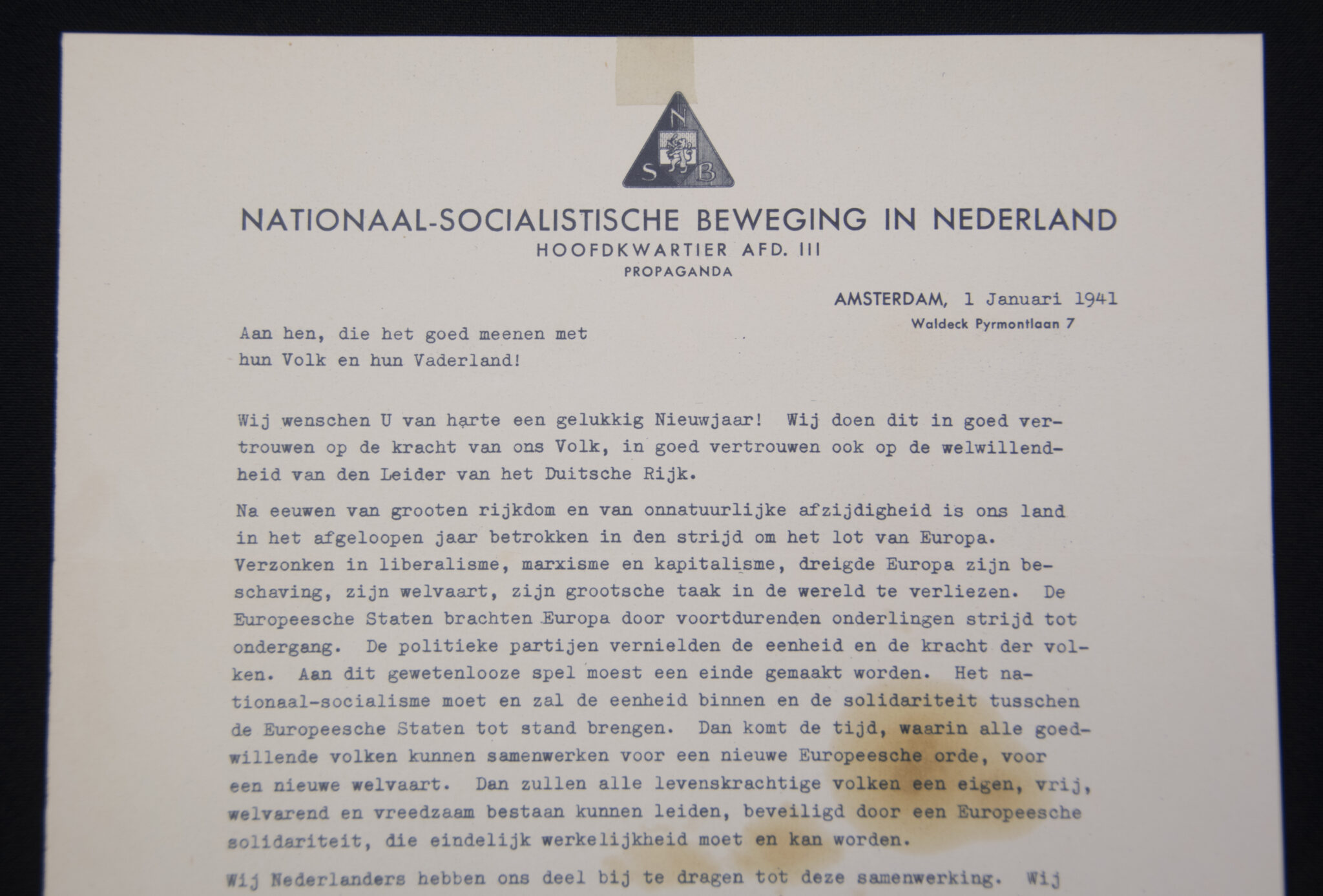 (NSB) Propaganda Letter by NSB speaker Ernst Voorhoeve (1941)