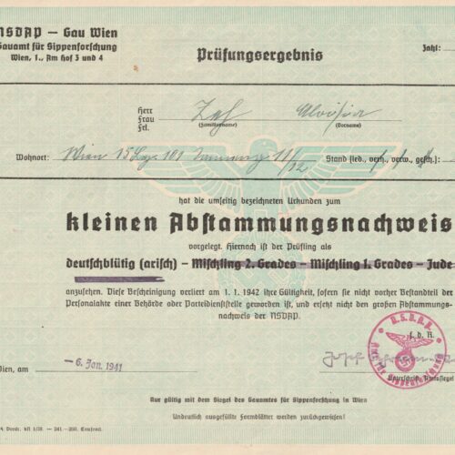 NSDAP - Gau Wien - Kleinen Abstimmungsnachweis Aryan certificate (1941)