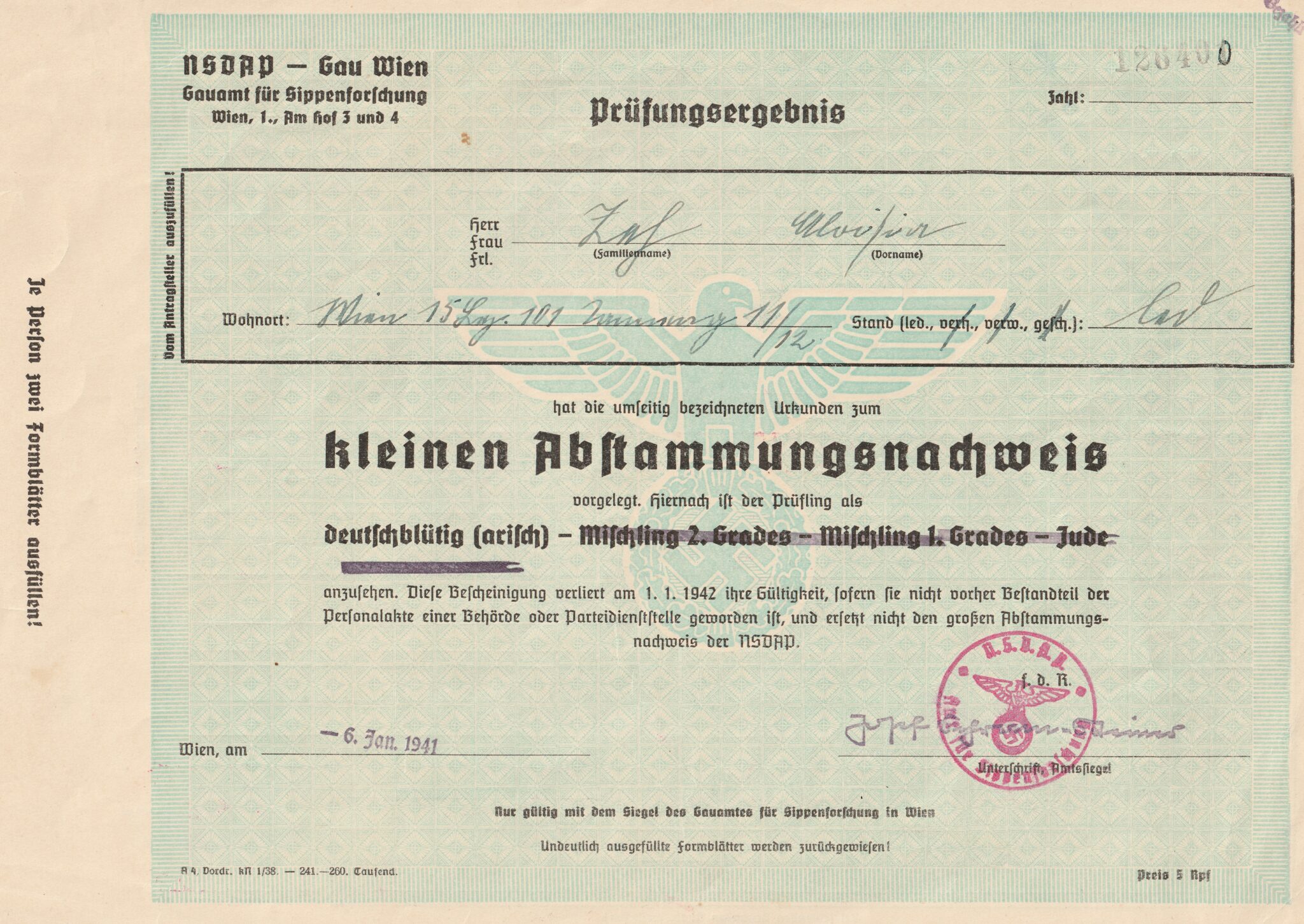 NSDAP - Gau Wien - Kleinen Abstimmungsnachweis Aryan certificate (1941)