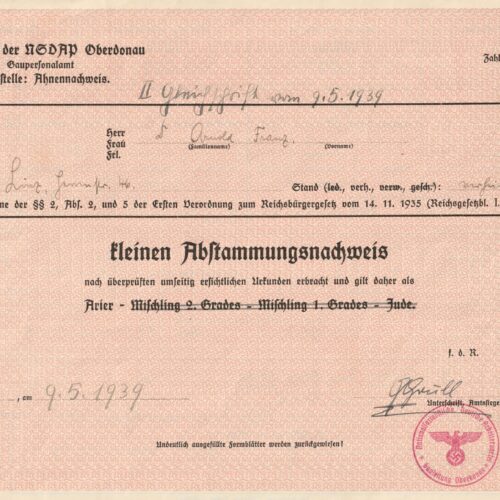NSDAP - Oberdonau - Kleinen Abstimmungsnachweis Aryan Heritage certificate (1939)
