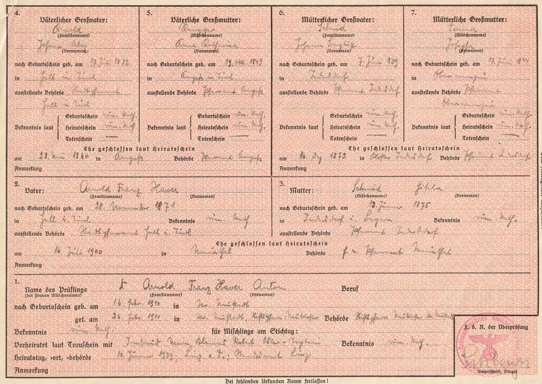 NSDAP - Oberdonau - Kleinen Abstimmungsnachweis Aryan Heritage certificate (1939)