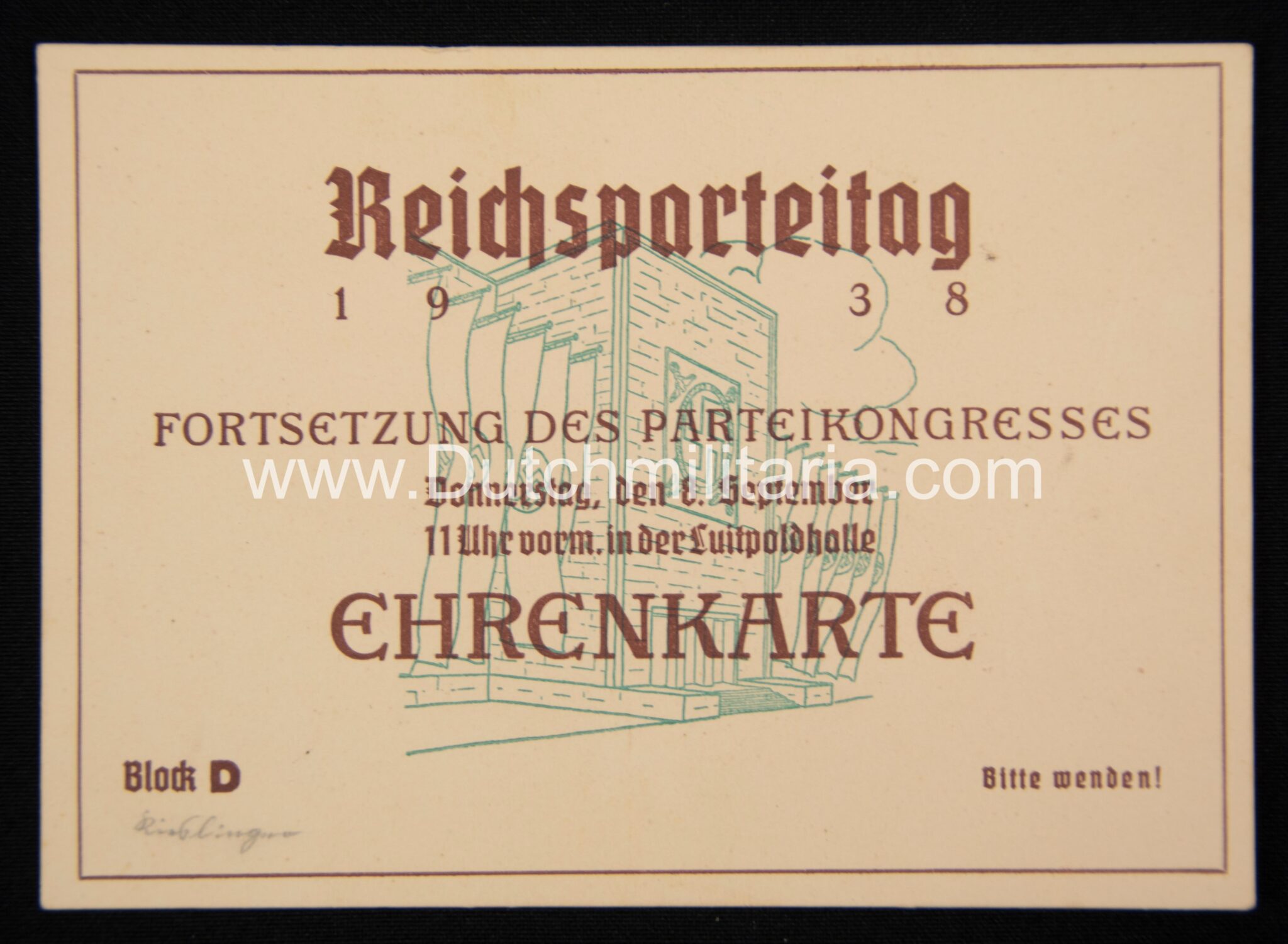 Reichsparteitag 1938 - Ehrenkarte - Fortsetzung des Parteicongresses- RARE