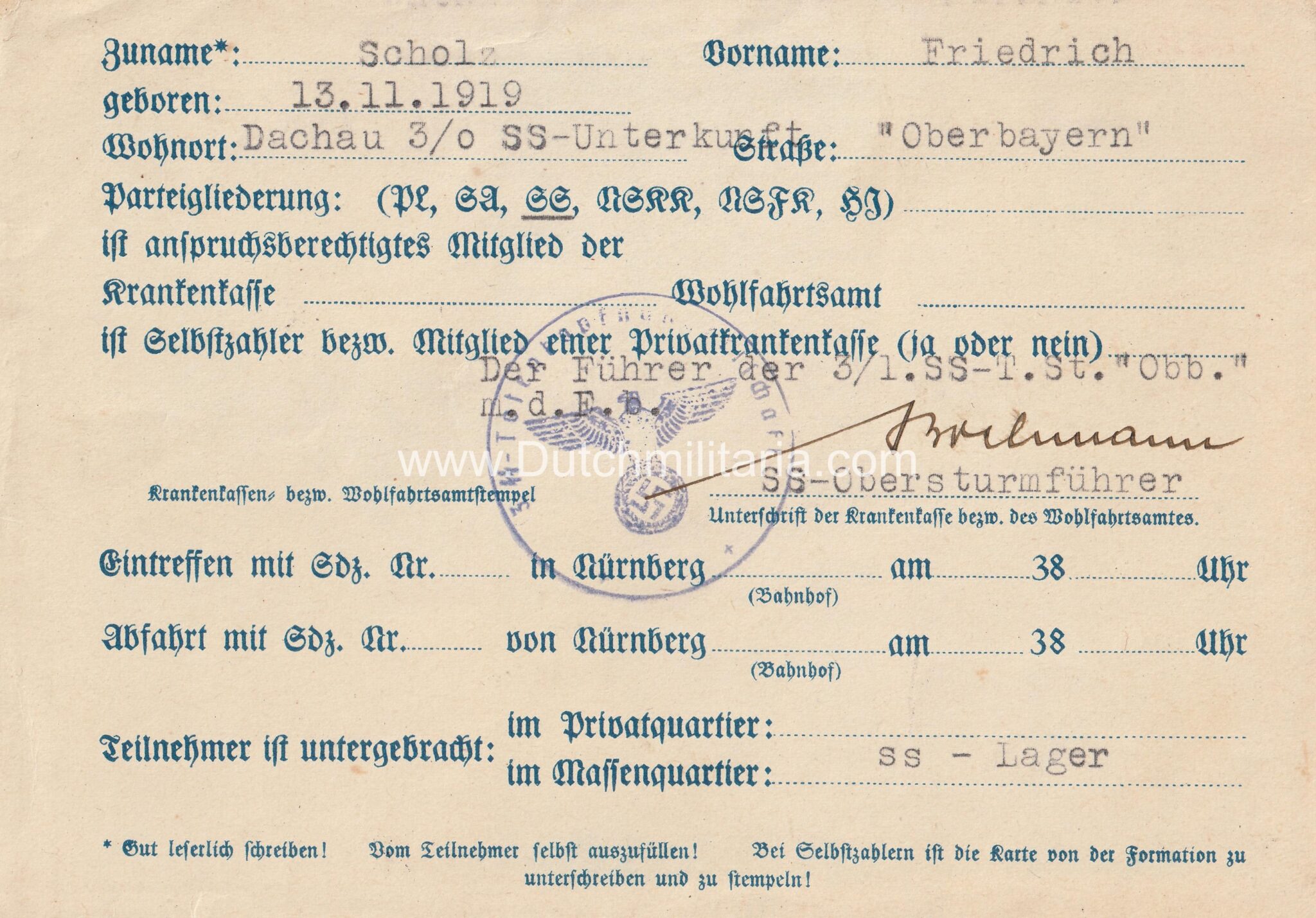 Reichsparteitag 1938 Ausweis - 3/1. SS.Totenkopf Standarte Oberbayern - rare