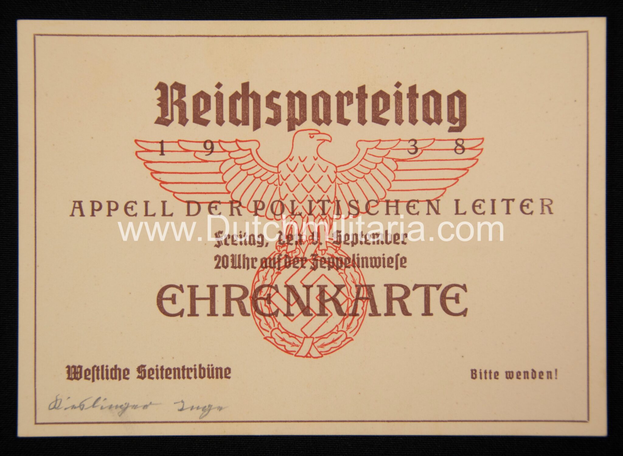 Reichsparteitag 1938 - Ehrenkarte - Appell der Politischen Leiter - RARE