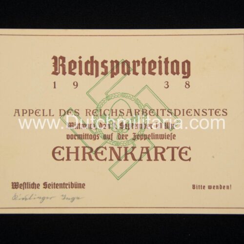 Reichsparteitag 1938 - Ehrenkarte - Appell des Reichsarbeitsdienstes - RARE