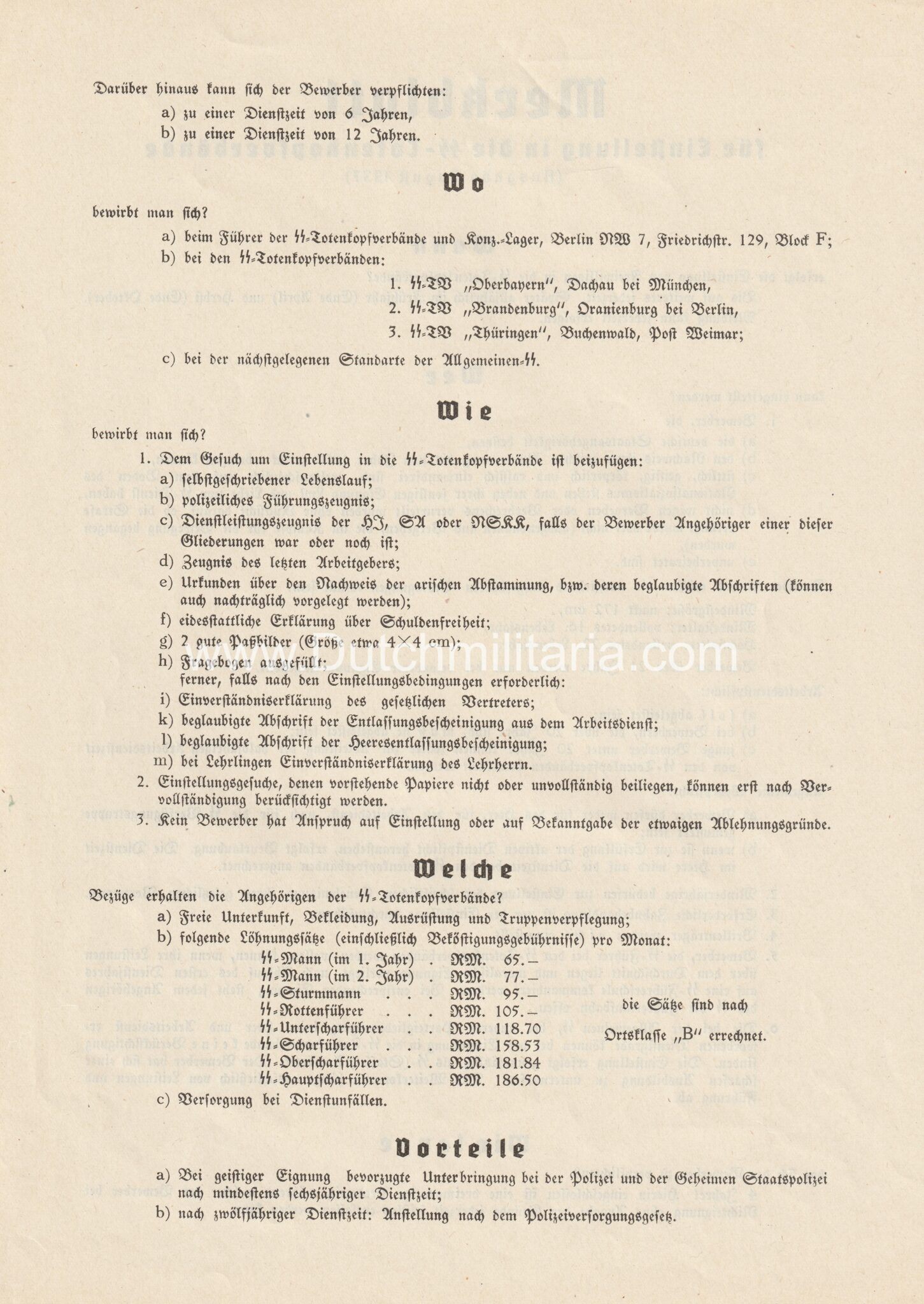 (SS Form) merkblatt für Einstellung in die SS-Totenkopfverbände