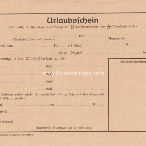SS-Urlaubschein für Unterführer und Männer der SS-Verfügungstruppe oder SS-Totenkopfverbände