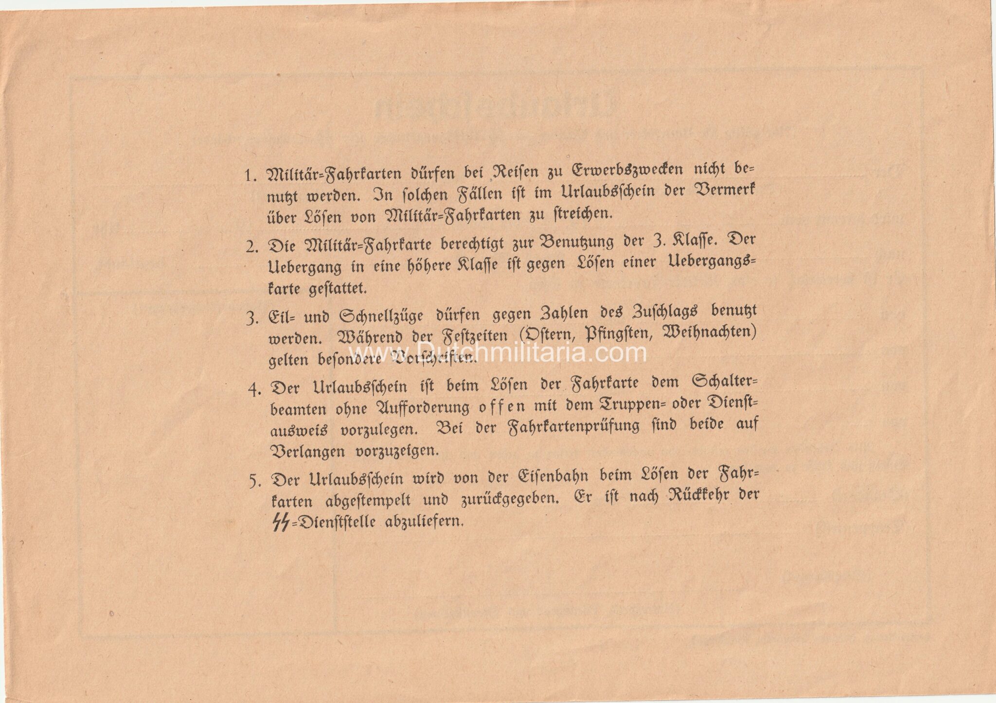 SS-Urlaubschein für Unterführer und Männer der SS-Verfügungstruppe oder SS-Totenkopfverbände