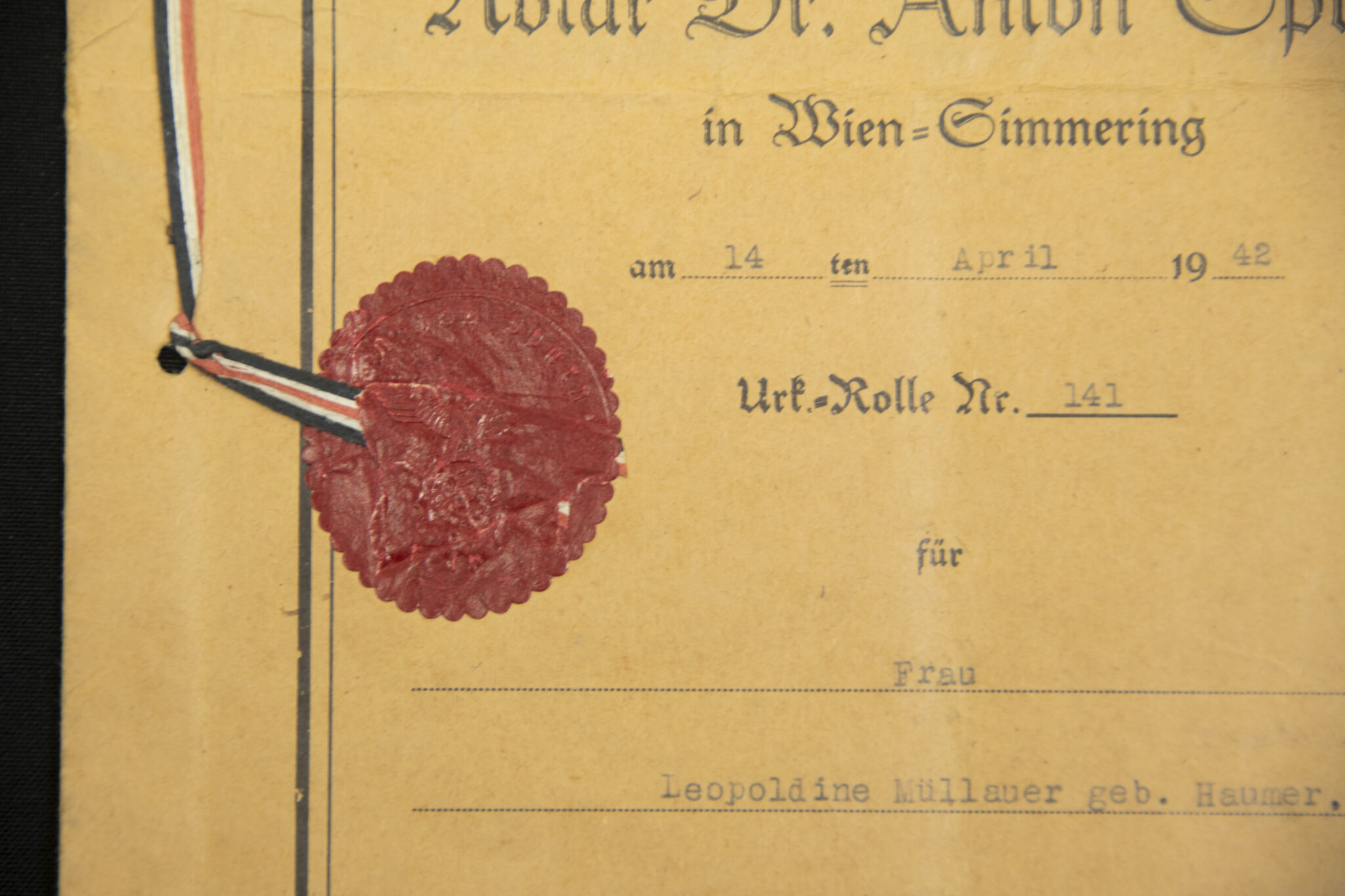 Urkunde - Notar Dr. Anton Spurnn in Wien-Simmering (1942)