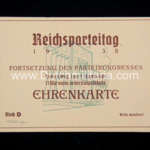 Reichsparteitag 1938 - Ehrenkarte - Fortsetzung des Parteicongresses- RARE