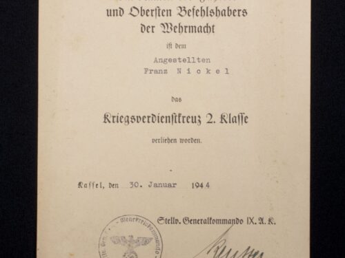 (Citation) Kriegsverdienstkreuz 2. Klasse 1944