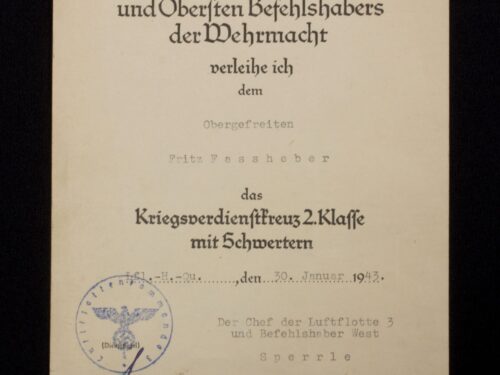 (Citation) Kriegsverdienstkreuz 2. Klasse mit Schwertern I.Fl.-H.-QU (Generalfeldmarschall Sperrle)
