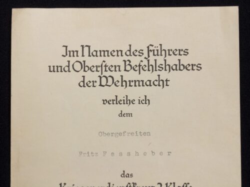 (Citation) Kriegsverdienstkreuz 2. Klasse mit Schwertern I.Fl.-H.-QU (Generalfeldmarschall Sperrle)