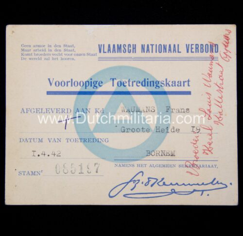 (Belgium Flanders) Vlaamsch nationaal Verbond (VNV) Voorloopige Toetredingskaart (1942)