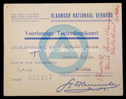 (Belgium Flanders) Vlaamsch nationaal Verbond (VNV) Voorloopige Toetredingskaart (1942)