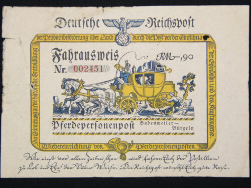 Deutsche Reichspost Fahrausweis Pferdepersonenpost