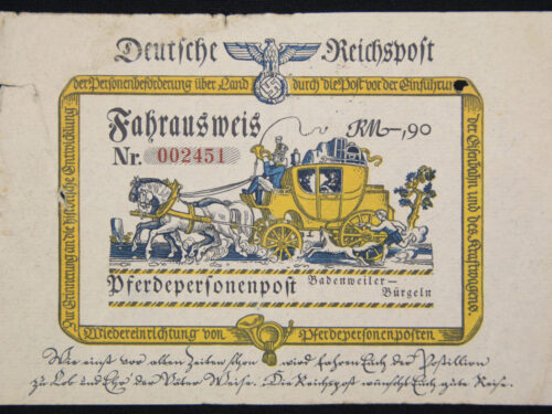 Deutsche Reichspost Fahrausweis Pferdepersonenpost