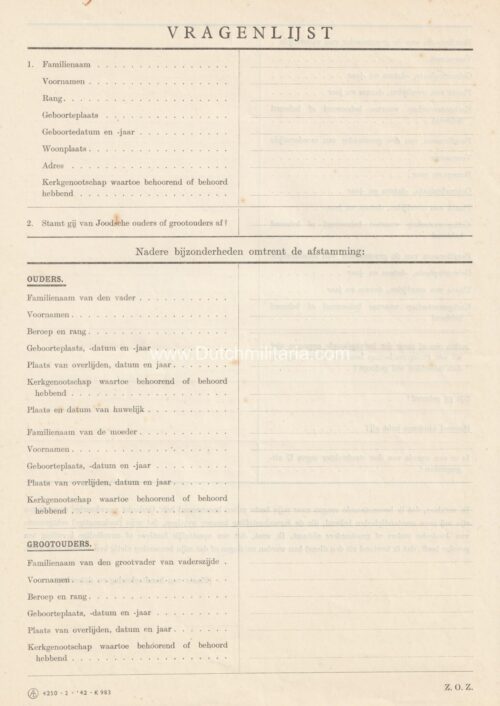 (Document) Jewish descent questionnaire - rare