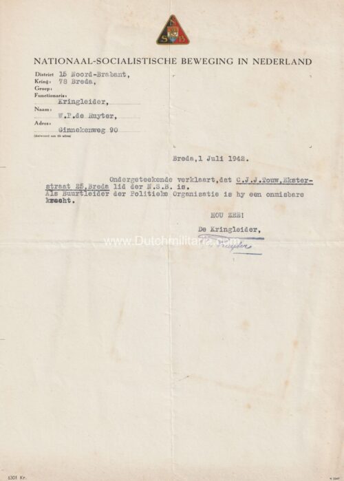 (Document) NSB Nationaal Socialistische Beweging in Nederland - Kring Breda (1942)