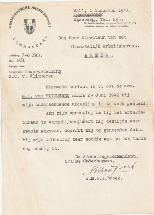 (Document) Nederlandsche Arbeidsdienst (NAD) Gewestelijk Arbeidsbureau Breda (1942)