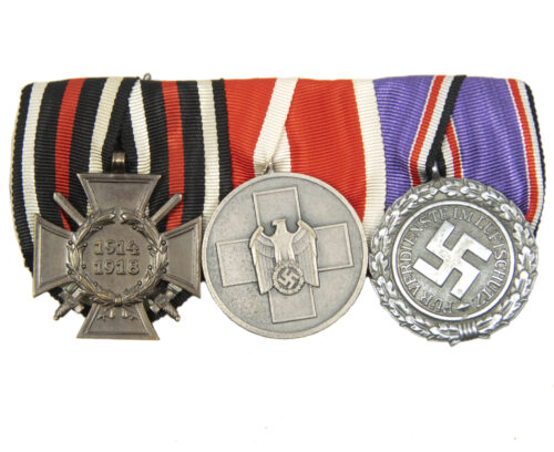 German WWII medalbar with Frontkämper Ehrenkreuz + Volkspflege medaille + Luftschutz medaille