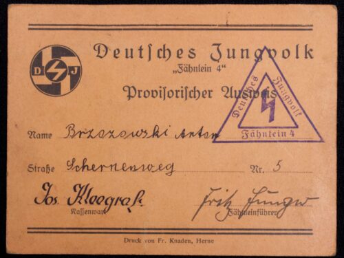 (Hitlerjugend (HJ) early Deutsches Jungvolk Fahnlein 4 Provisorischer Ausweis - rare