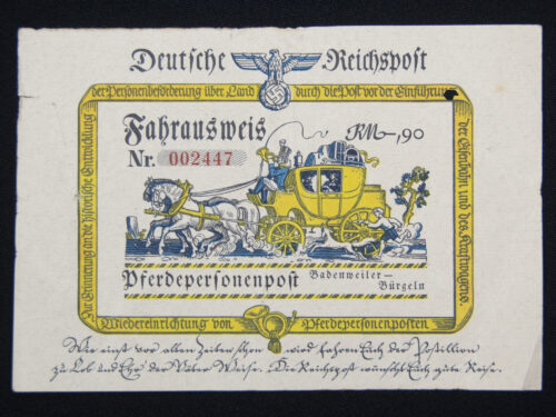 Deutsche Reichspost Fahrausweis Pferdepersonenpost