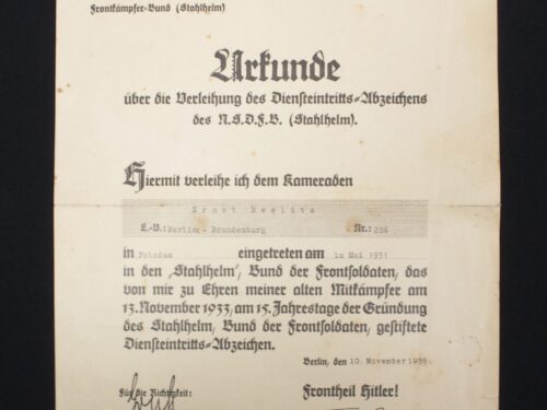 Stahlhelmbund Diensteintrittsabzeichens 1931 Urkunde