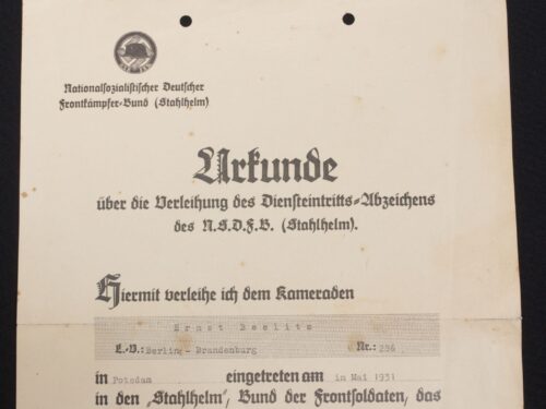 Stahlhelmbund Diensteintrittsabzeichens 1931 Urkunde