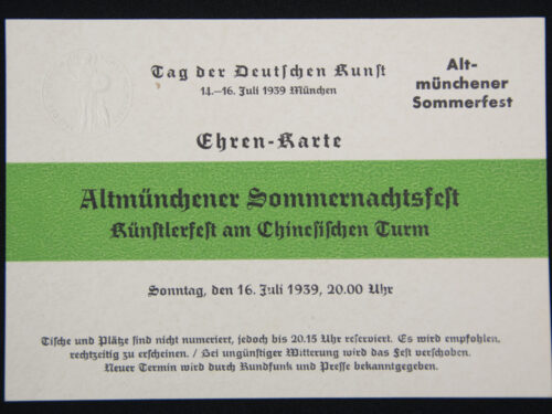 Ehren-Karte zur Kunstaustellung - Tag der Deutschen Kunst 14.-16. Juli 1939 München