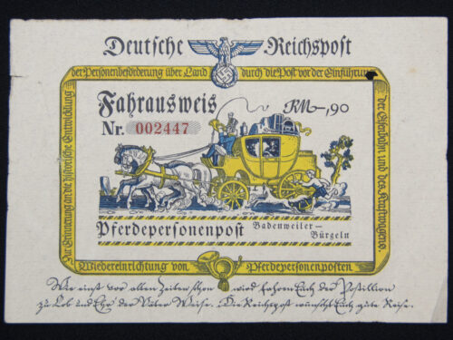 Deutsche Reichspost Fahrausweis Pferdepersonenpost