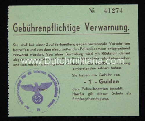 (Document) Dutch Occupation - Gebührenpflichtige Verwarnung - rare
