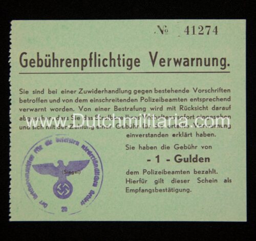 (Document) Dutch Occupation - Gebührenpflichtige Verwarnung - rare