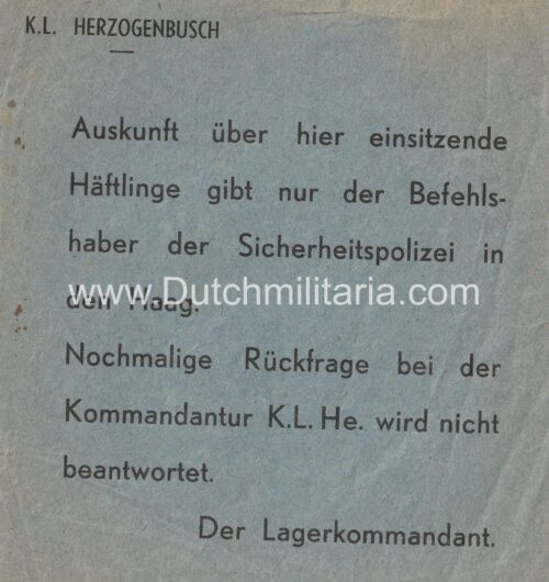 (Document) K.L. Herzogenbusch (Konzentrationslager Herzogenbusch) Kamp Vught - Extremely rare