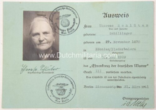 Mutterkreuz Motherscross Ausweis (1941)