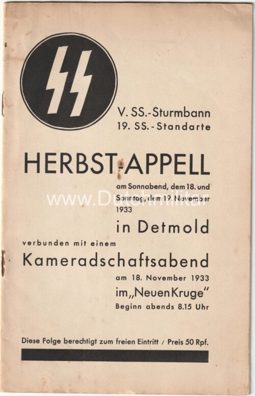 (Brochure) 19. SS.-Standarte Herbst-Appell 18.und 19. November 1933 in Detmold - Extremely rare early SS publication!!!