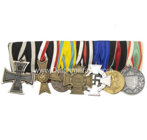 German medalbar with EK2 + KVK2 + FA medaille + FEK + Treue Dienst 25 Jahre + Sudetenmedaille + Hungarian WWI medal