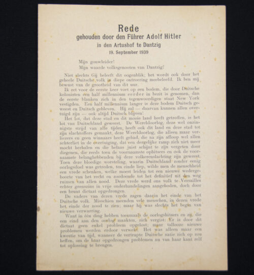 (Brochure) Rede gehouden door den Führer Adolf Hitler in den Artushof te Dantzig 19. September 1939