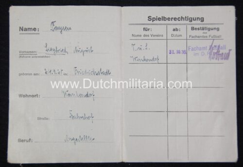 Deutscher Reichsbund für Leibesübungen Fachamt Fussball Speilerpass (1936)