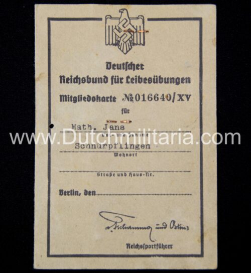 Deutscher Reichsbund für Leibesübungen Mitgliedskarte with passphoto in Hitlerjugend (HJ) uniform (1936)